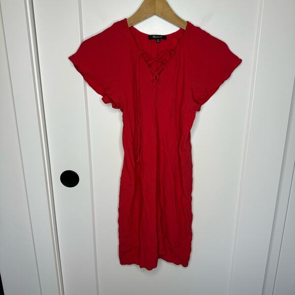 Madewell Lace Up Flutter Sleeve Flowy Mini Dress Red Size XXS - Picture 2 of 6